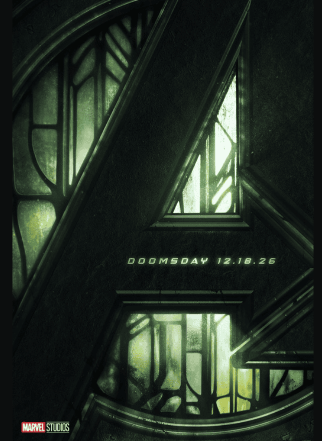 Aesthetic digital poster for Marvel's "Doomsday 12.18.26" teaser featuring futuristic green and black colour scheme.