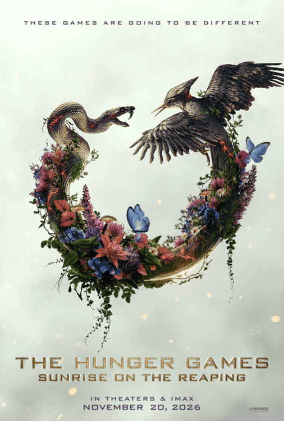 Vivid poster for The Hunger Games: Sunrise on the Reaping with two birds on a floral wreath, highlighting the movie's release date.