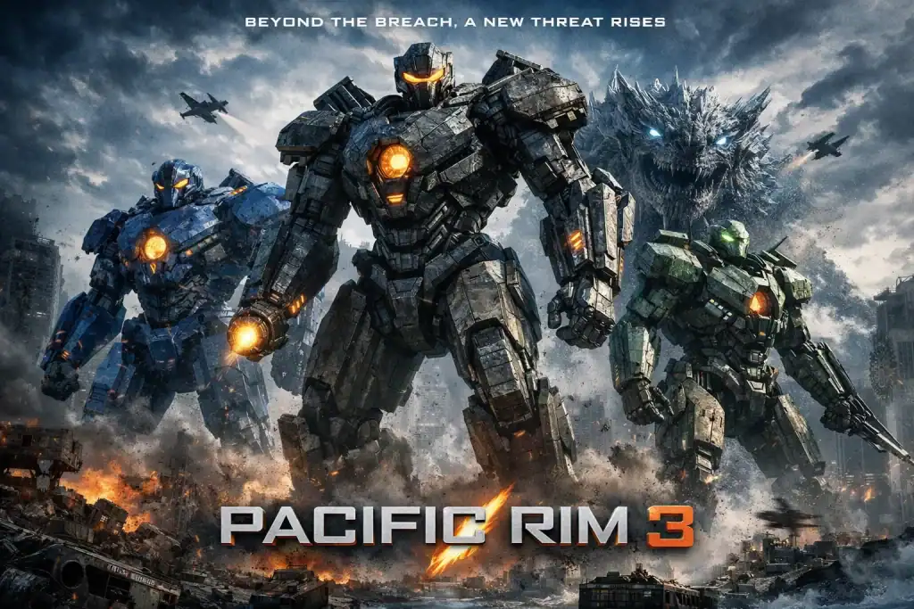 A battle scene from Pacific Rim 3 featuring giant robots (Jaegers) fighting a massive monster (Kaiju) amidst destruction.