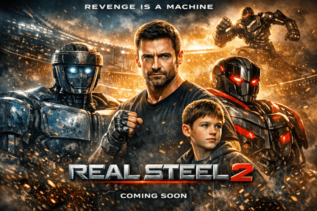 A robotic soldier, a man and a boy amidst a battle scene with robots from the film Real Steel 2.