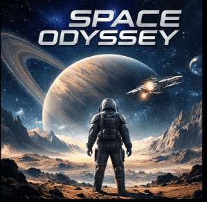 Astronaut exploring alien planet with space odyssey backdrop and distant planets.