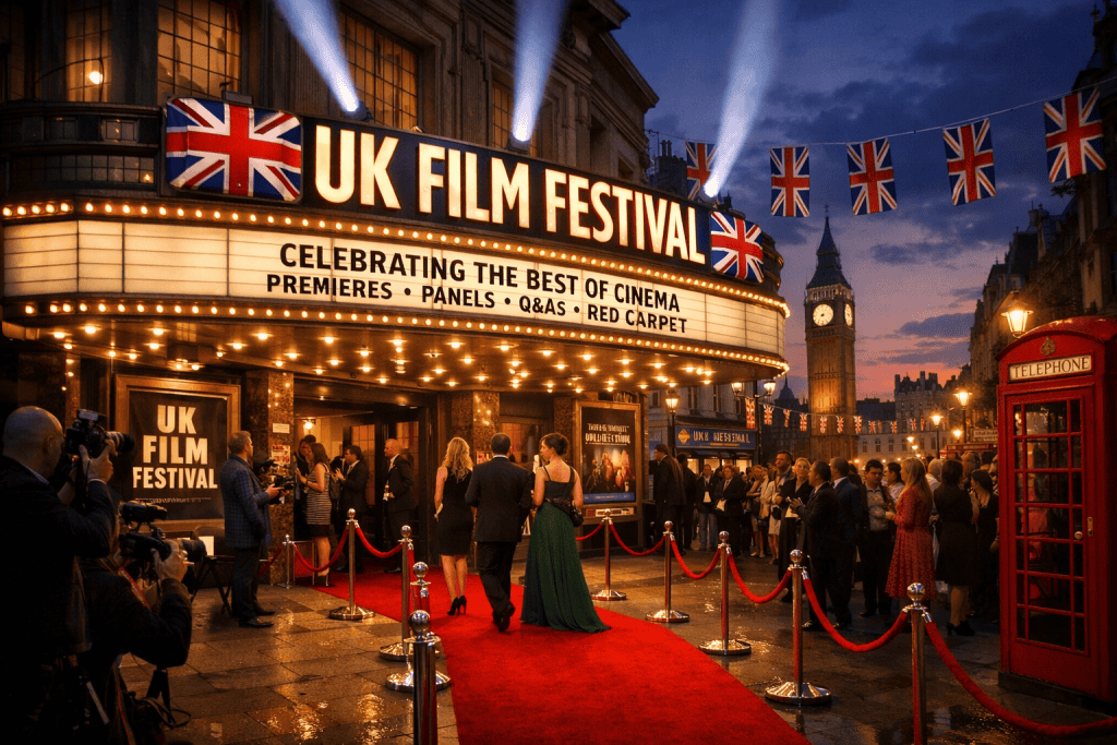 UK film festival cinema entrance with red carpet and crowd, Big Ben in background, celebrating UK cinema and film premieres.